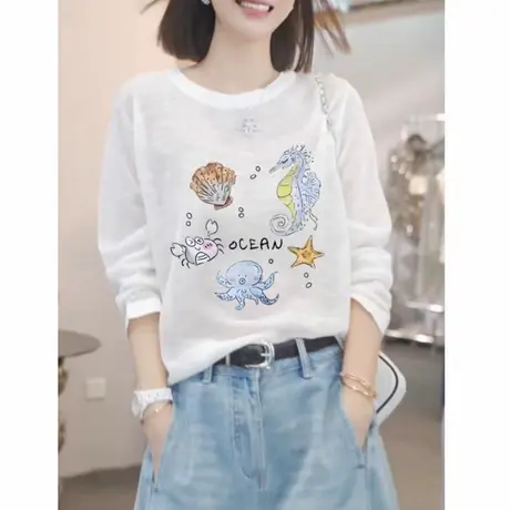 2025新款白色薄款短袖t恤女夏季趣味印花宽松慵懒风上衣防晒罩衫图片