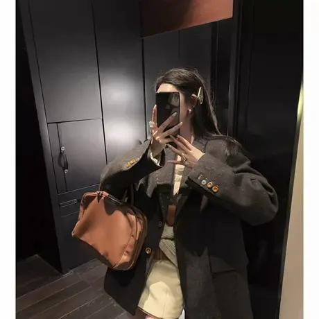 爵莱菲大码杂色毛呢西装外套女春季设计感小众休闲宽松高级感西服图片