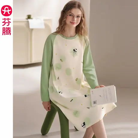 芬腾睡裙女春秋季纯棉长袖睡衣裙可爱熊猫女款大码休闲全棉家居裙商品大图