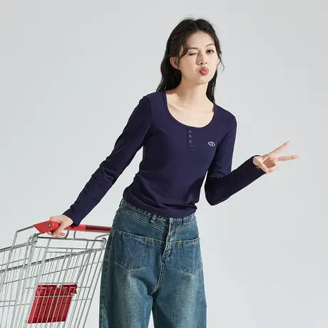 唐狮2025春秋季女长袖T恤u型领外穿打底衣藏青色修身正肩显瘦上衣商品大图
