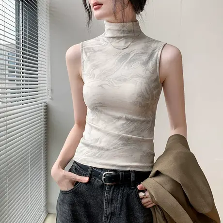 高领扎染无袖背心女秋季新款修身显瘦别致外穿上衣内搭小众打底衫商品大图