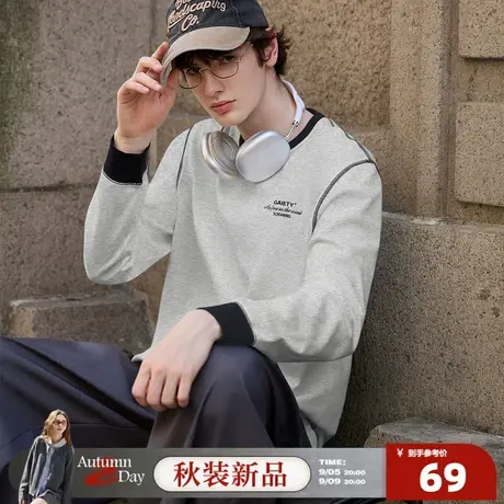 唐狮2025秋季男圆领长袖T恤字母印花设计感明线美式休闲宽松上衣商品大图
