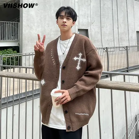 VIISHOW针织开衫V领毛衣男百搭十字提花宽松潮牌学生十字架外套商品大图