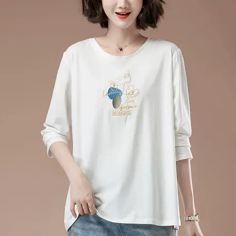 中年妈妈长袖t恤女春秋季加大码女装宽松纯棉刺绣遮肚显瘦打底衫图片