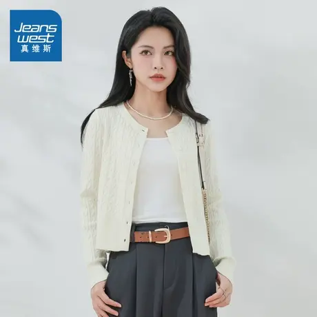KF真维斯女装简约杏色短款气质开衫2025秋新品女式休闲针织外套商品大图