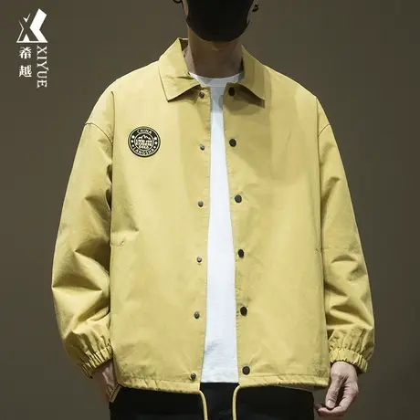 姜黄色纯棉夹克男士外套秋季宽松大码翻领长袖衬衣男抗皱亲肤外衣图片