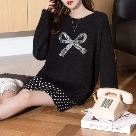 唐狮秋冬季毛衣女潮流时髦风蝴蝶结亮片设计圆领套头时尚可爱TU图片