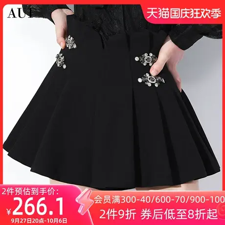 AUI黑色设计感气质短款阔腿裤女2023秋季新款小个子高腰百搭裤子商品大图