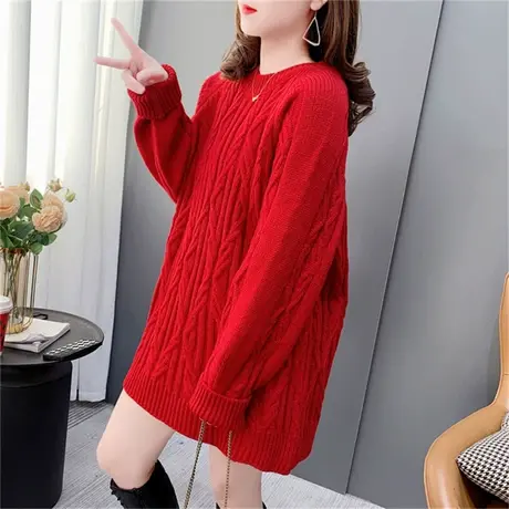 复古麻花圆领毛衣女中长款2022新款秋冬宽松慵懒风粗线打底针织衫商品大图