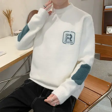 秋冬季水貂绒毛衣男士加厚款半高领针织打底衫潮牌软糯毛线衣外套商品大图