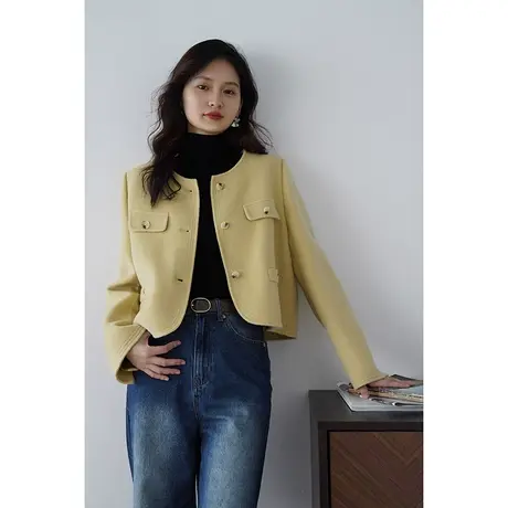 嘉茱莉2023秋冬新款小香风外套女小个子短款双面呢大衣羊毛外套商品大图