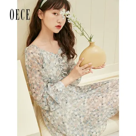 【买1送1】Oece春装女装法式碎花裙子高腰长袖印花气质连衣裙春秋图片