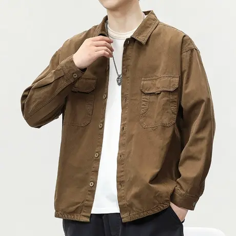 美式翻领休闲外套男装纯棉工装衬衫男款百搭衬衫潮流外套长袖男士图片