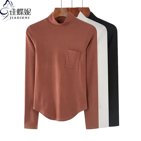 秋冬新款半高领修身纯色带口袋纯棉纯欲圆弧长袖体恤上衣女打底衫商品大图