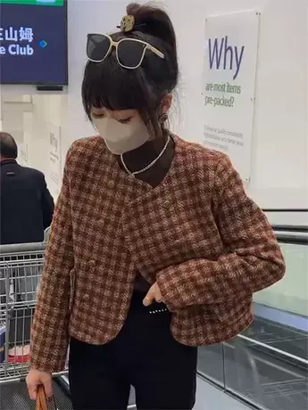 小香风格子短外套女2023秋冬季小个子气质名媛设计感夹克上衣短款图片