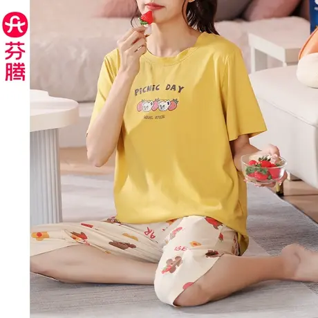 芬腾睡衣女夏季纯棉短袖薄款套头套装少女可爱卡通甜美大码家居服商品大图