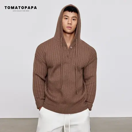 TOMATOPAPA秋冬针织连帽长袖毛衣内搭纯色百搭弹力提花纹理男上衣图片