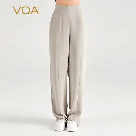 VOA30姆米重磅桑蚕丝米灰自然腰口袋简约通勤垂坠宽松真丝直筒裤图片