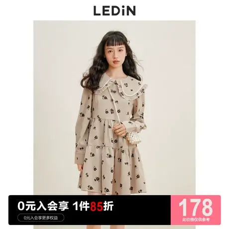 乐町甜美翻领连衣裙休闲秋季新款女装奶咖色法式复古碎花蛋糕裙图片