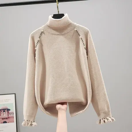 53161高领针织衫女士百搭毛衣新款韩版宽松长袖纯色钉珠打底女商品大图