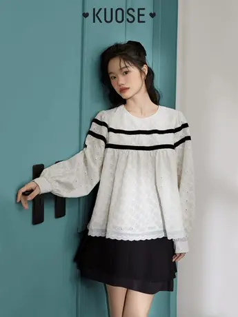 阔色白色灯笼袖圆领蕾丝衫女2023春秋新款长袖衬衫镂空上衣图片