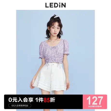 乐町抽褶碎花短上衣休闲夏季新款紫色雪纺衫女宽松图片