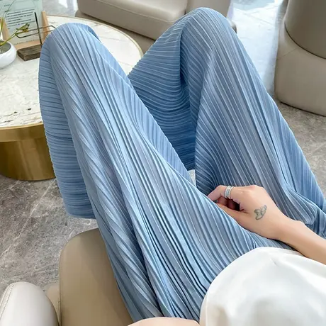 风琴褶皱阔腿裤女夏季薄款冰丝显瘦高腰垂感直筒裤小个子休闲裤子商品大图