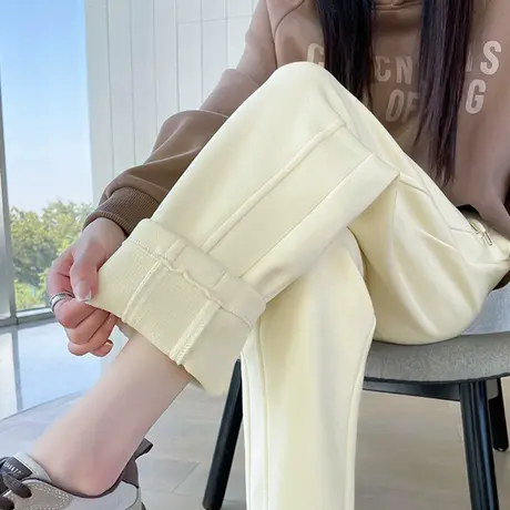 杏色加绒毛呢直筒裤女秋冬新款高腰显瘦小个子加厚休闲萝卜哈伦裤图片