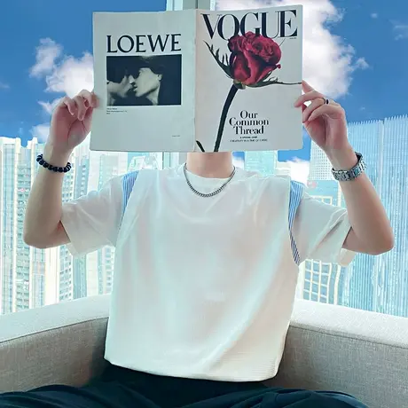 2023潮流短袖t恤夏季新高级感条纹拼接设计休闲上衣潮男半袖体恤商品大图