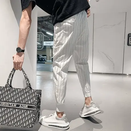 夏季男士休闲裤九分裤哈伦裤裤子宽松潮流运动条纹哈伦裤小脚ins商品大图