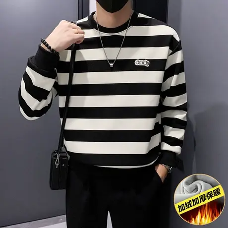 个性拼色条纹t恤长袖秋冬季2023新款小众轻熟高级感男士加绒卫衣图片