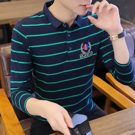 港士博夏季刺绣翻领POLO衫男士韩版修身条纹时尚休闲短袖T恤潮牌商品大图