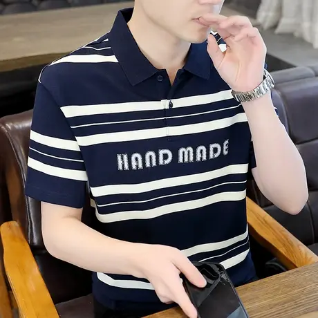 高端纯棉翻领短袖polo衫男士潮牌条纹印花半袖T恤2023夏季男装ins商品大图