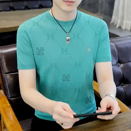 短袖夏季t恤男韩版潮流冰丝针织打底衫体恤滑料设计感个性ins半袖商品大图