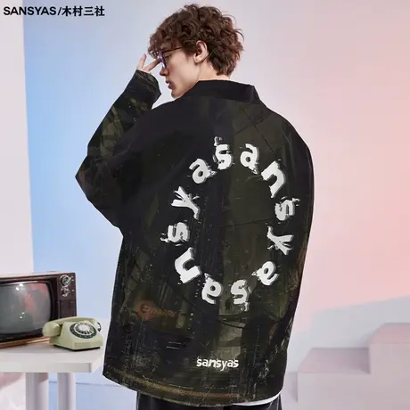木村三社SANSYAS 春秋宽松工装夹克拉链衬衫式外套男翻领潮牌黑色图片