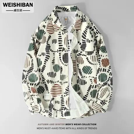 美式休闲老花休闲衬衫男港风ins翻领花色长袖衬衣高街宽松薄外套图片