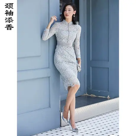 颈袖添香2022秋季新款职业连衣裙女装气质时尚印花OL蕾丝礼服女裙图片