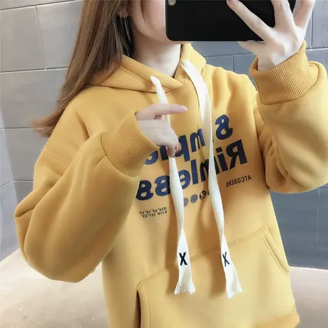连帽卫衣2023加绒女士设计感系绳上衣宽松口袋字母减龄感长袖加厚图片