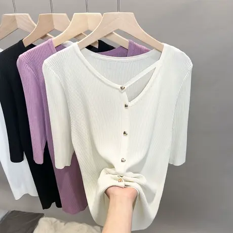 v领冰丝针织开衫女2023春夏秋新款韩版外穿上衣中袖薄外搭t恤衫潮商品大图