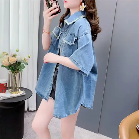 短袖牛仔衬衫T恤女夏季2023新款韩版宽松洋气设计感毛边复古上衣商品大图