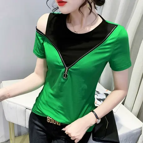 性感露肩T恤女短袖夏装时尚拼色假两件上衣设计感洋气修身小衫潮商品大图