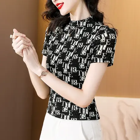 时尚字母印花短袖T恤女气质立领网纱小衫夏装设计感小众别致上衣商品大图