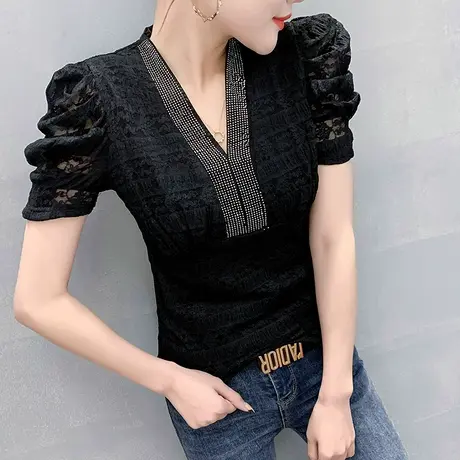 2023春夏新款性感V领蕾丝衫泡泡袖时尚烫钻上衣洋气显瘦短袖T恤女图片