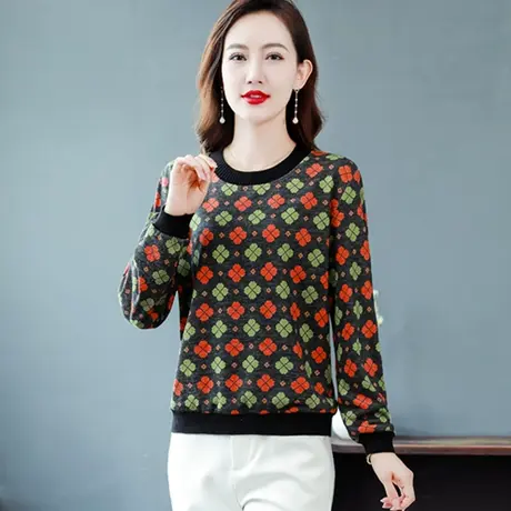 花色加绒打底衫女秋冬长袖上衣2023新款洋气内搭妈妈胖mm大码女装图片