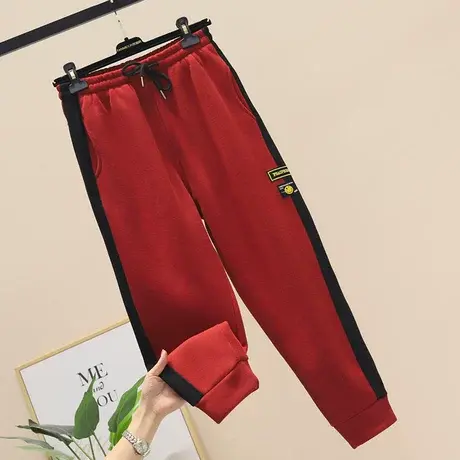 红色裤子运动宽松束脚卫裤女2023新款时尚加绒休闲条纹欧洲站加厚商品大图