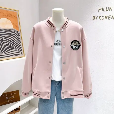 2023秋冬款甜酷机车风复古美式外套粉色夹克棒球服宽松休闲韩代款图片