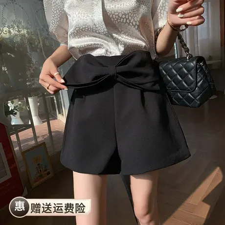 抖音同款黑色显瘦休闲阔腿裤女春夏新款小众高腰蝴蝶结A字短裤子图片