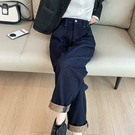 加绒牛仔裤女直筒2024年新款秋冬小个子加厚老爹裤九分高腰哈伦裤商品大图