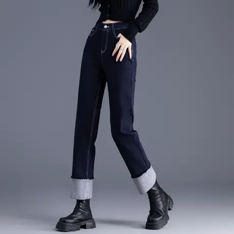 深蓝色小直筒牛仔裤女2024年新款撞色春秋九分裤子窄版烟管法棍裤商品大图