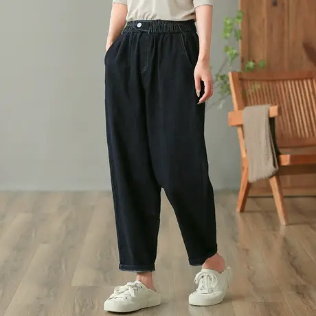 dza 高腰显瘦纯棉直筒宽松牛仔裤女春秋休闲长裤百搭松紧哈伦裤子图片